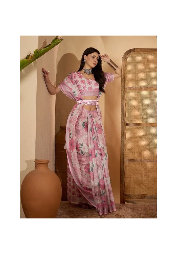 Malishka Export Pink Linen Cotton Digital Print Saree for Women - Image 4